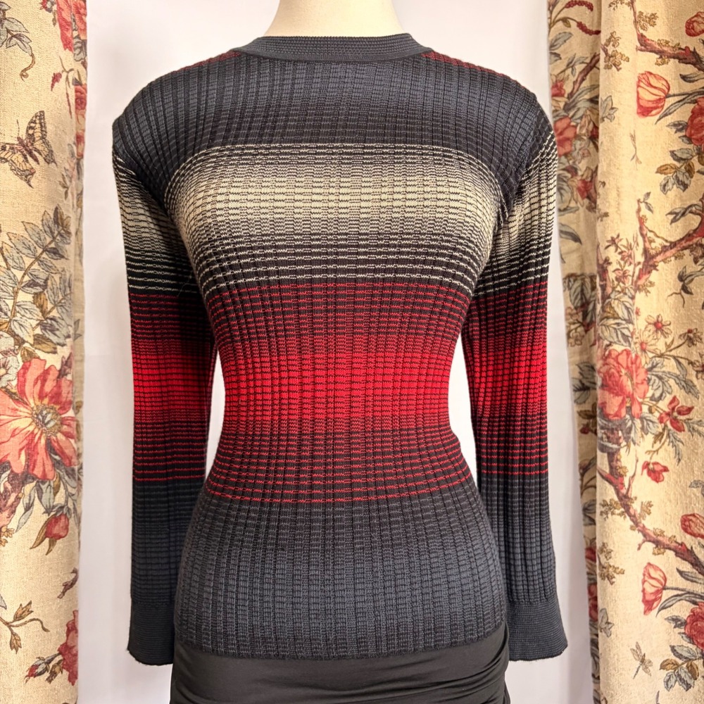 Regalo Ladies Fashion Vintage Ribbed Knit Sweater with Red Grey and Cream stripe